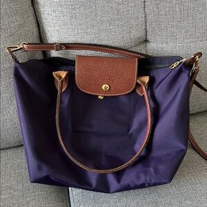 Longchamp Purple and Brown Tote with Leather Accents